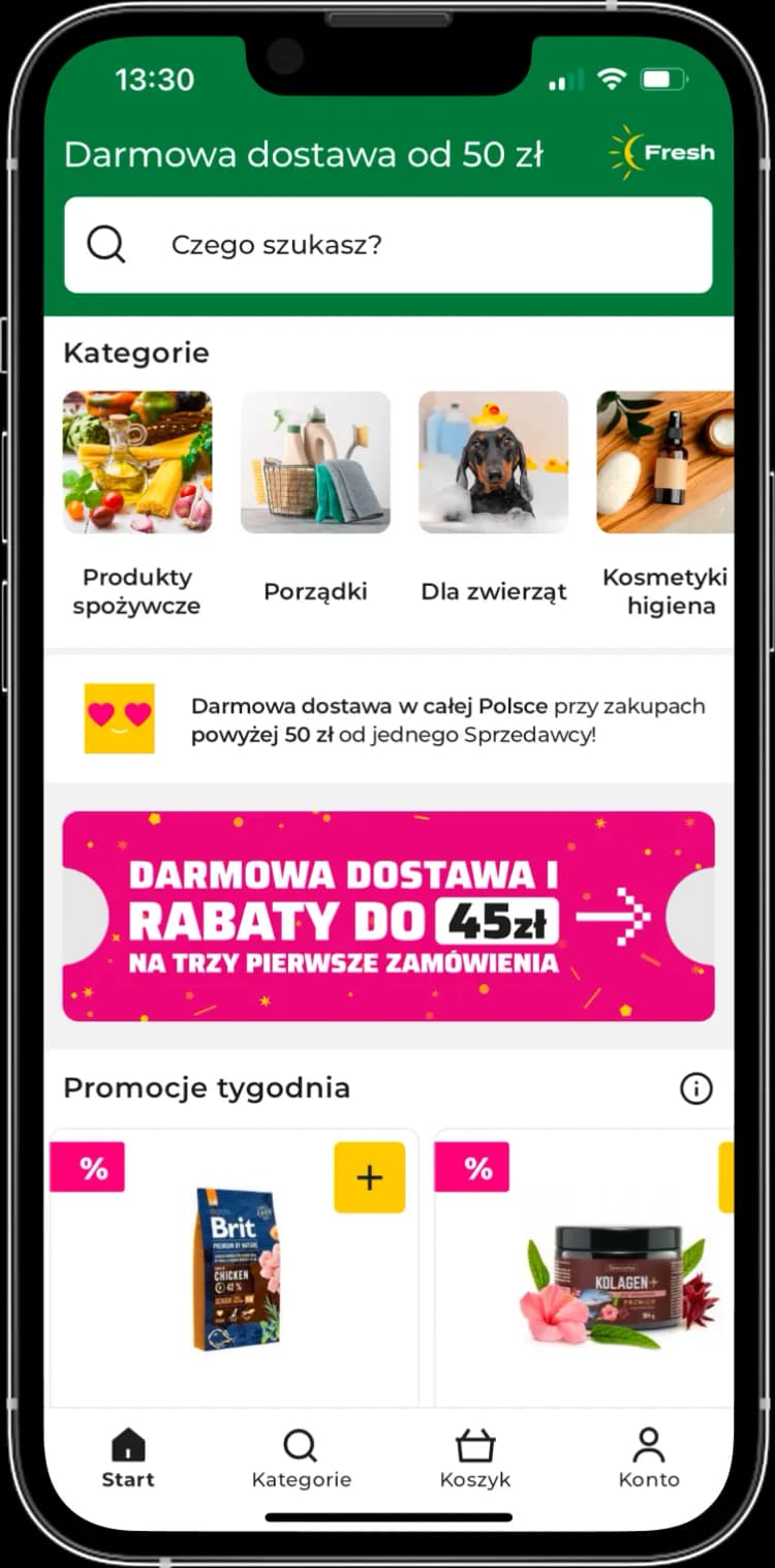 Zrzut ekranu strony głównej w aplikacji mobilnej inpost fresh