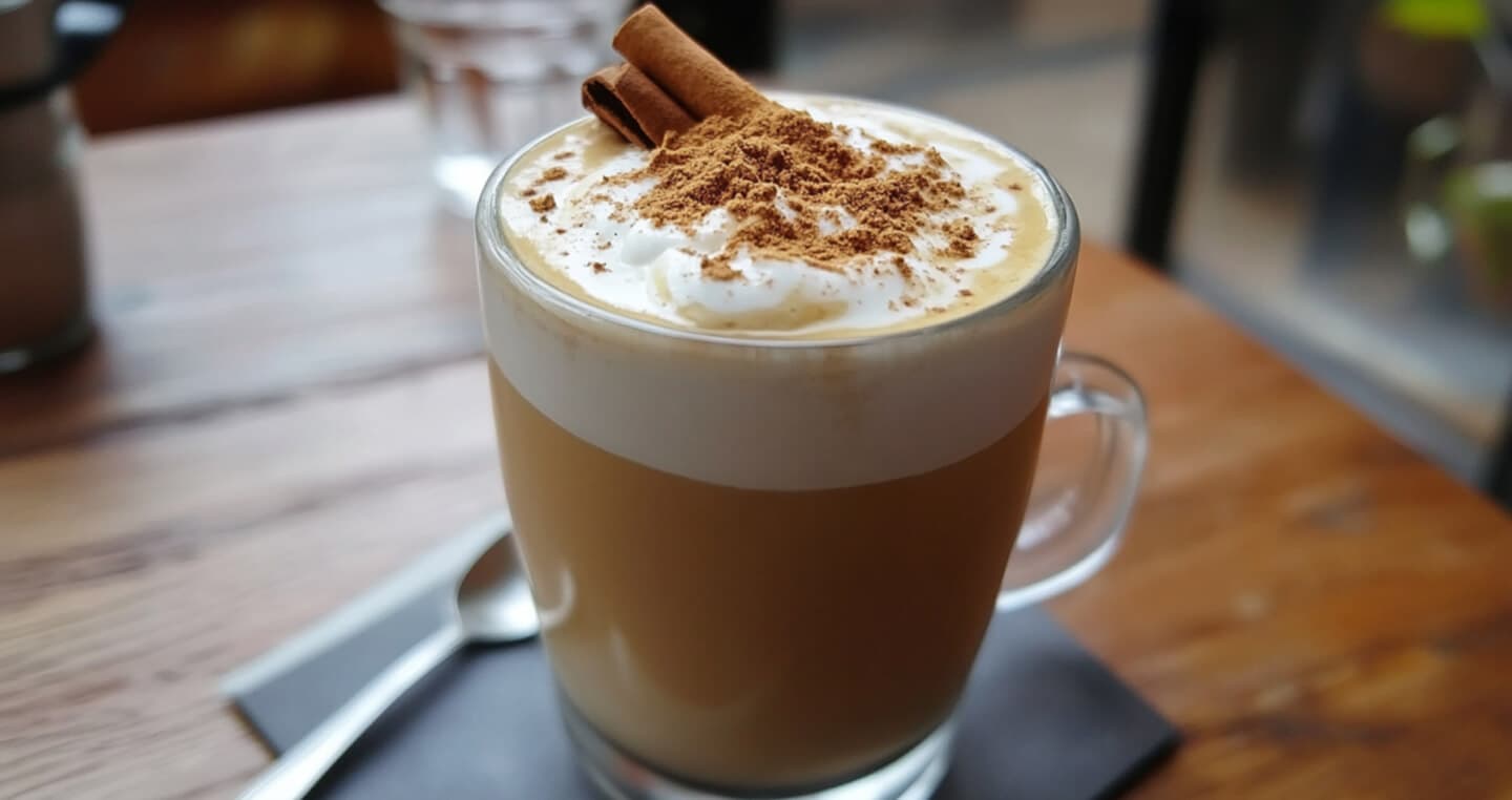 Kubek chai latte z kawą i ozdobnym cynamonem