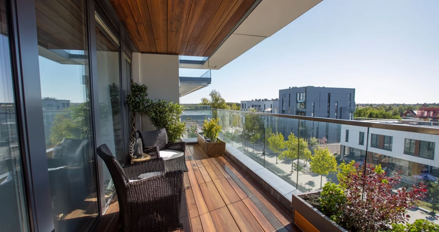 balkon z rattanowymi fotelami
