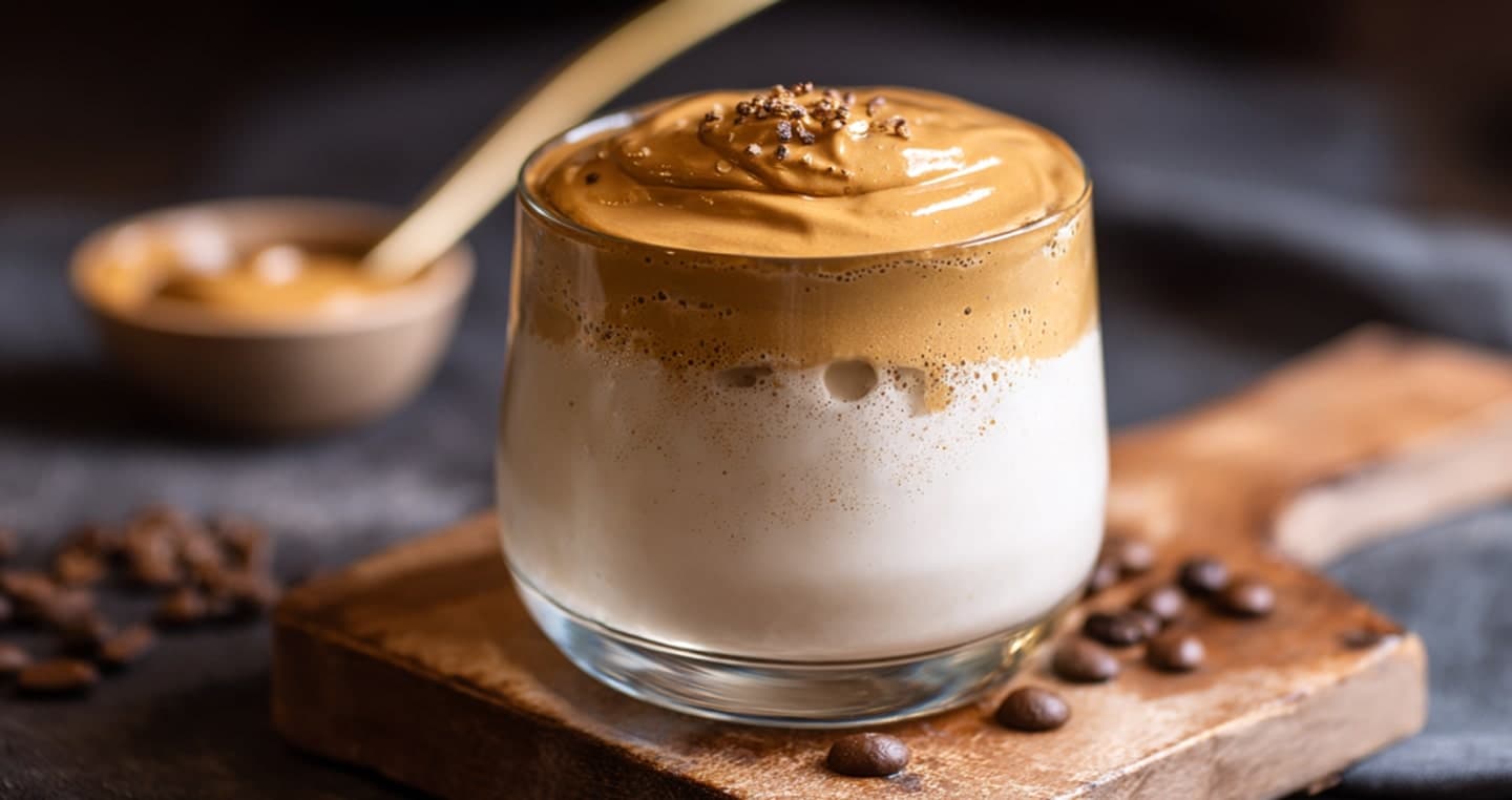 Dalgona Coffee w przezroczystej szklance