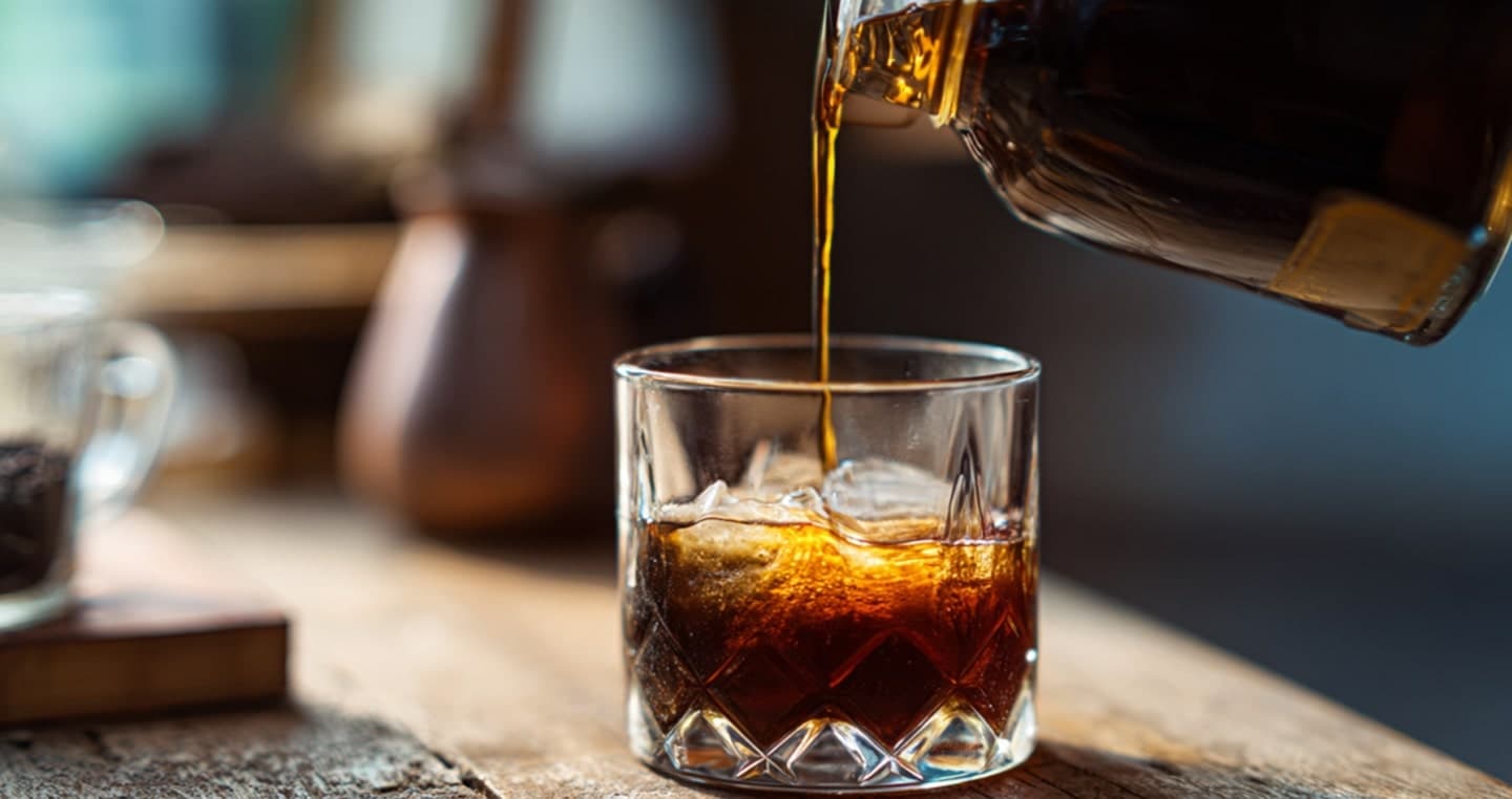 szklanka z kawą do której dolewane jest whisky