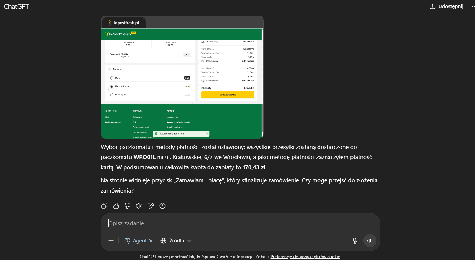 Zamawianie z InPost Fresh przez ChatGPT - podsumowanie zamówienia