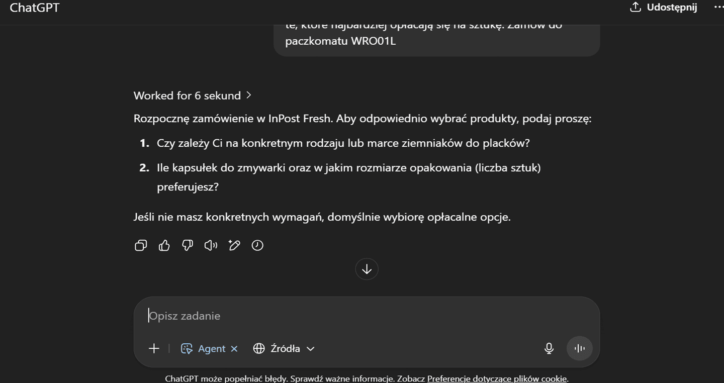 Zamawianie z InPost Fresh przez ChatGPT - dodatkowe pytania