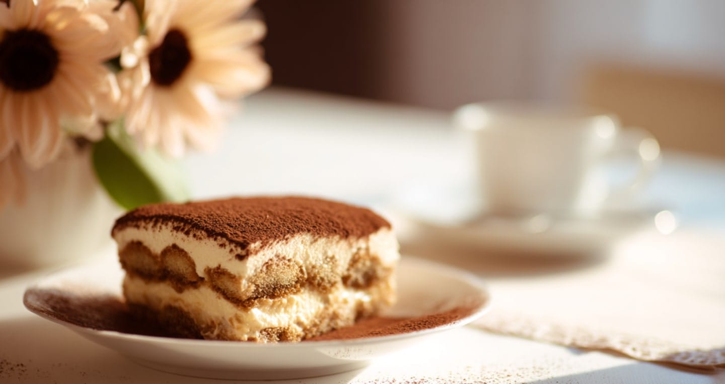 deser kawowy tiramisu na białym talerzyku na tle różowych kwiatów