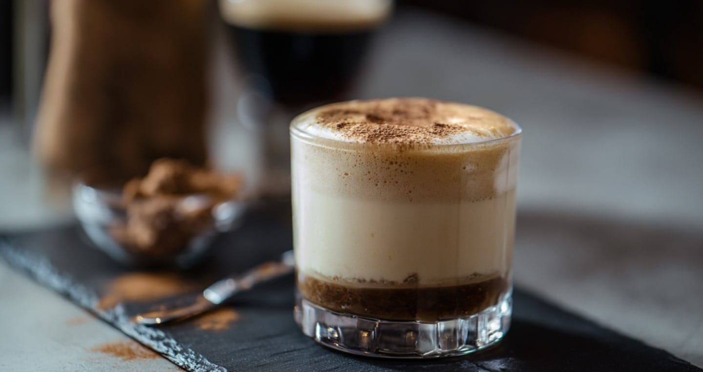 Kawa barraquito w przeźroczystej szklance na czarnej podstawce