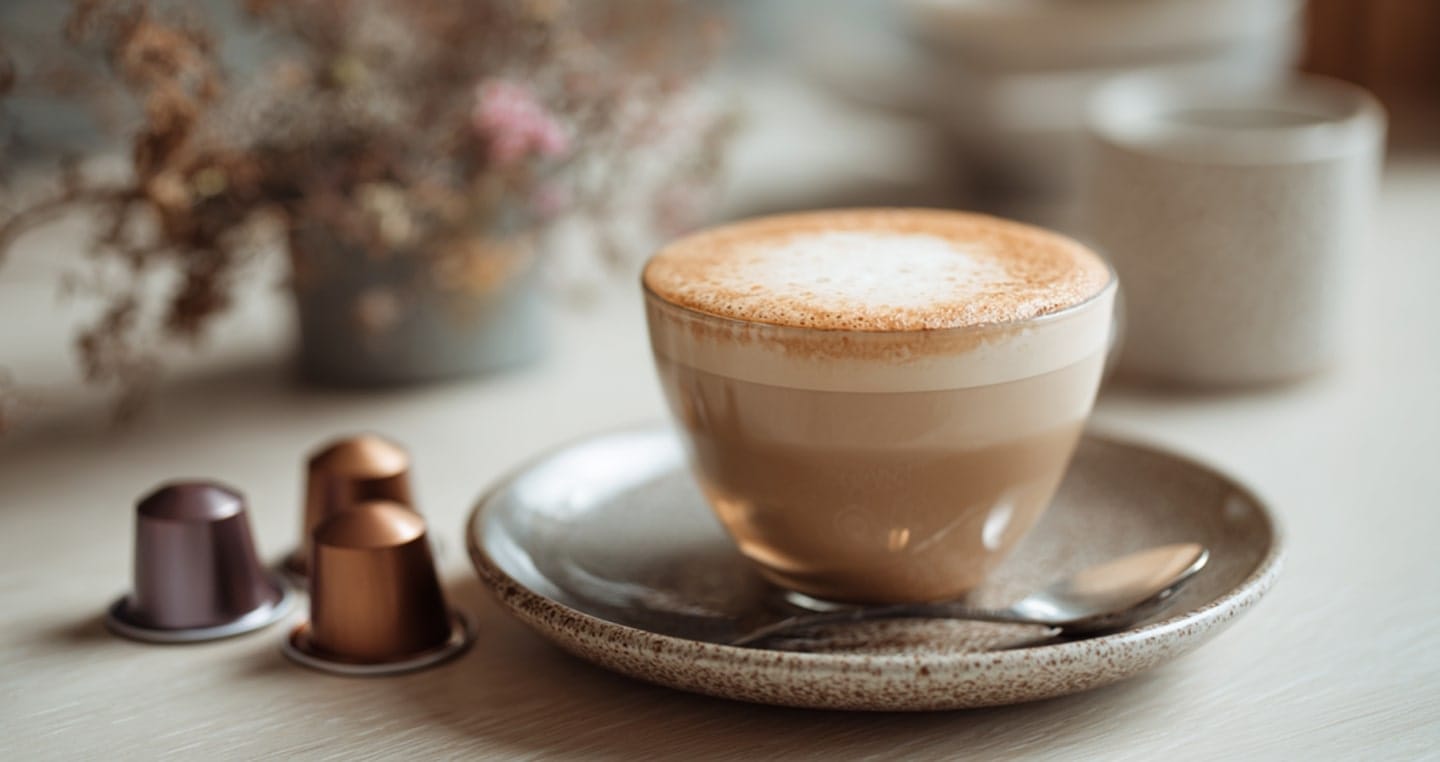 Kubek cappuccino na talerzyku z łyżeczką, obok kapsułki kawowe.