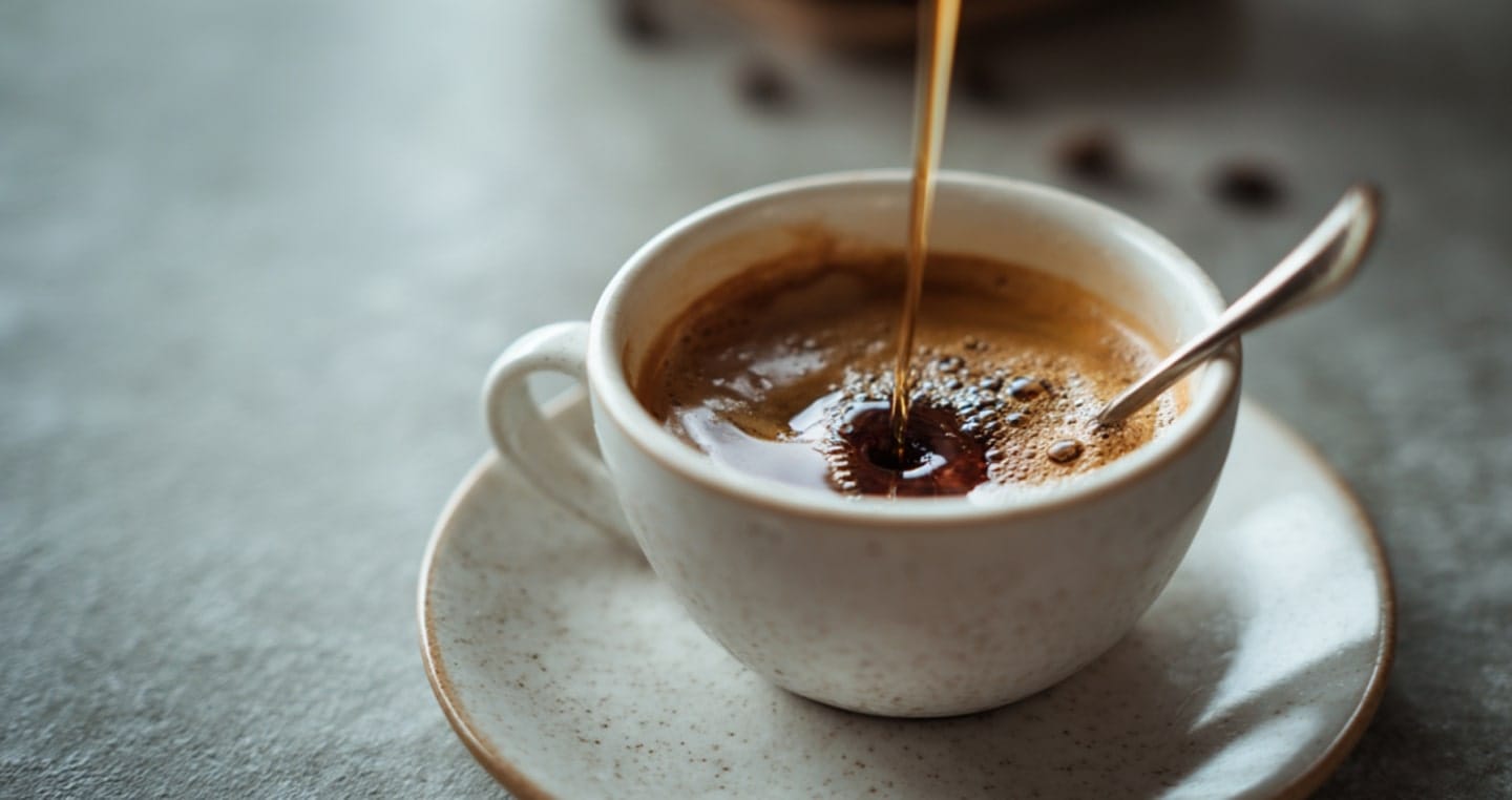 Filiżanka kawy z amaretto i espresso z łyżeczką na spodeczku.