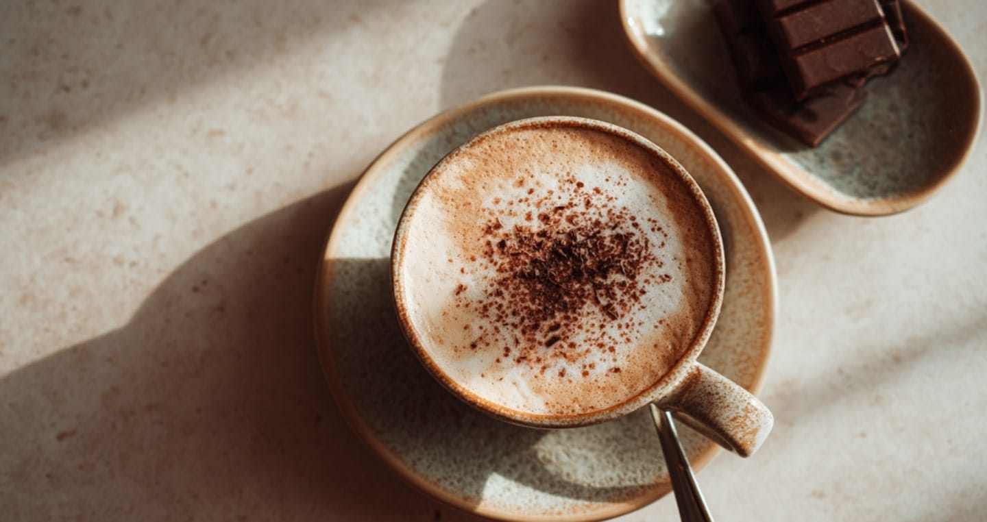 Filiżanka cappuccino posypana kakao, obok kawałki czekolady na talerzyku.