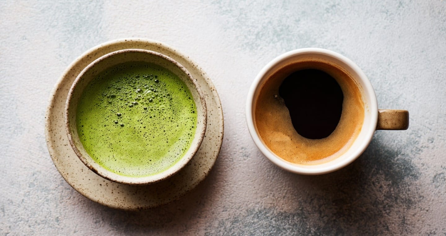 w pierwszej filiżance matcha, a w drugiej kawa, obie na kamiennym stole