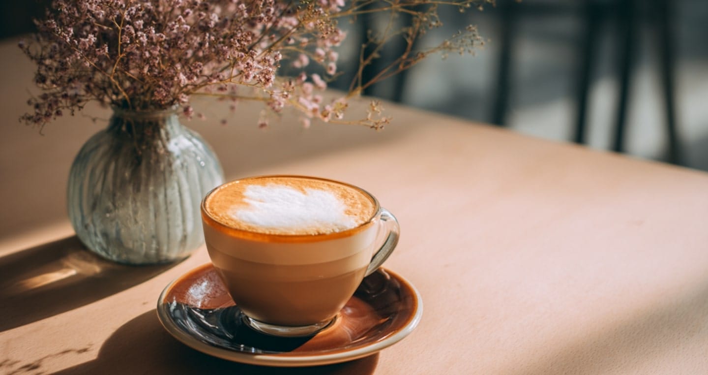 Kubek cappuccino obok wazonu z suchymi kwiatami na drewnianym stole.