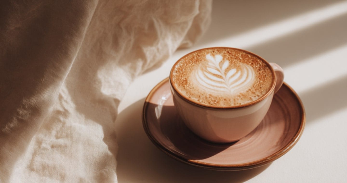 Filiżanka latte z wzorem serca na piance, na jasnym tle.