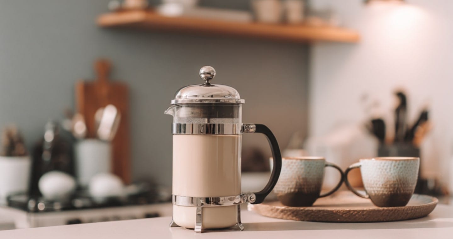 French press do kawy obok dwóch filiżanek w kuchni.