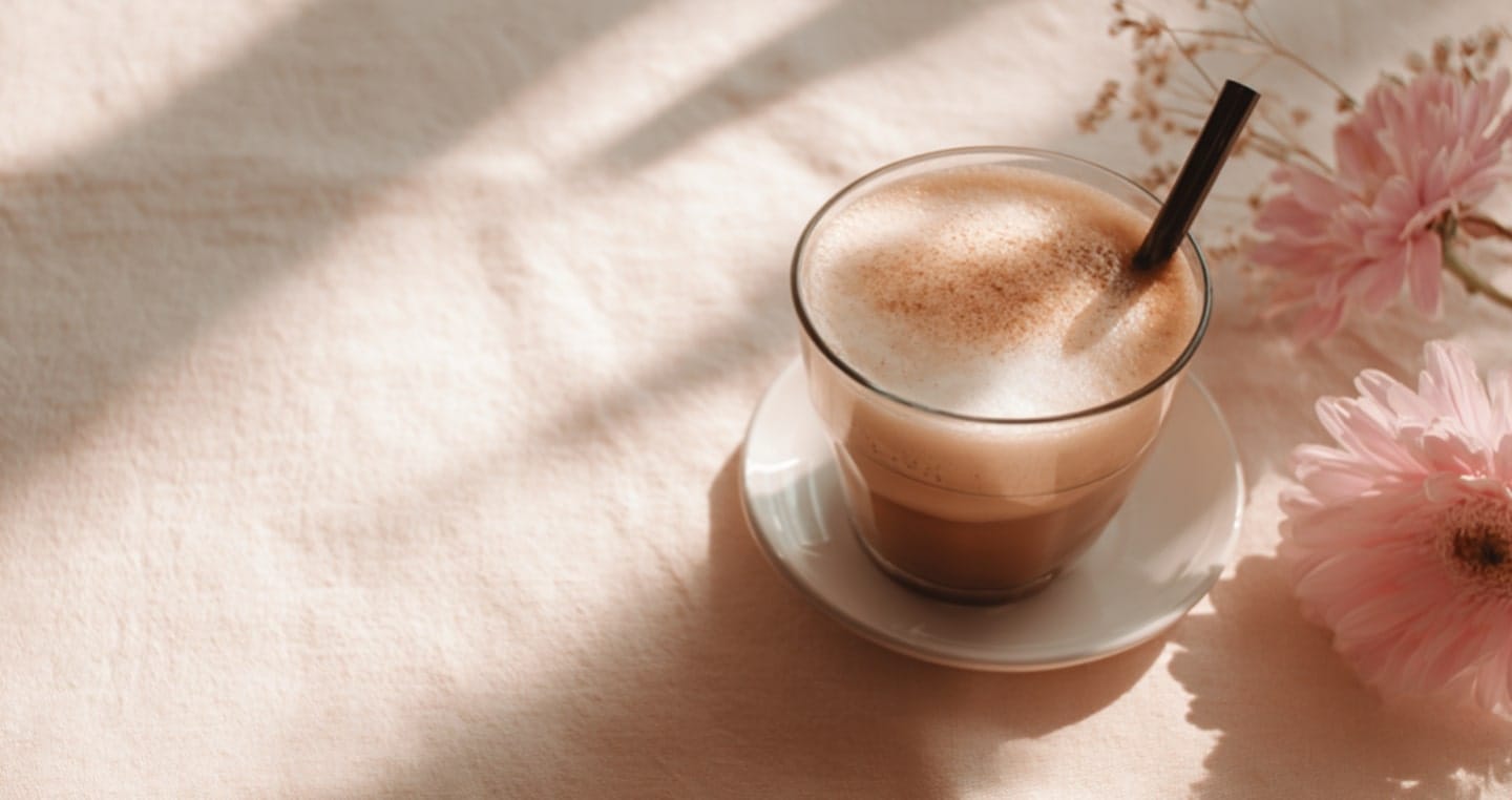 Kawa frappe w szklance obok różowych kwiatów.
