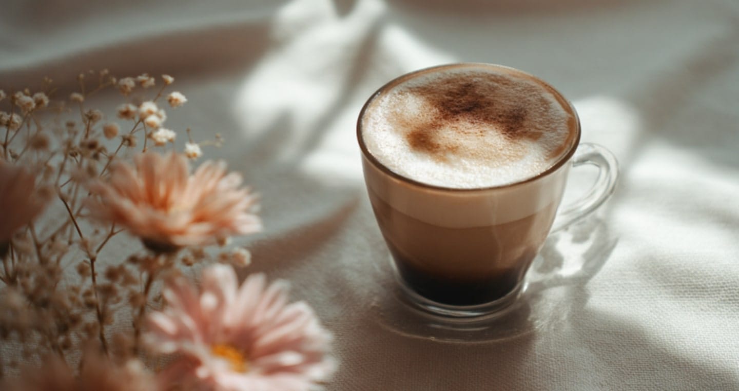 Kubek cappuccino obok pastelowych kwiatów na jasnym tle.