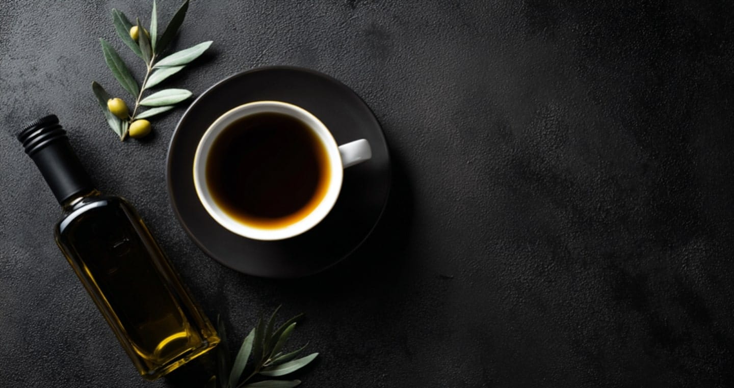 Filiżanka kawy, butelka oliwy, gałązki oliwne na czarnym tle.