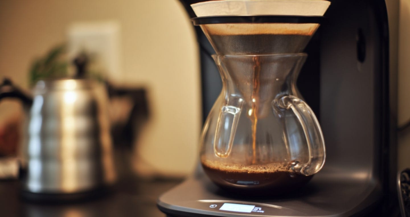 Ekspres do kawy przelewowy z dzbankiem, obok metalowy czajnik.