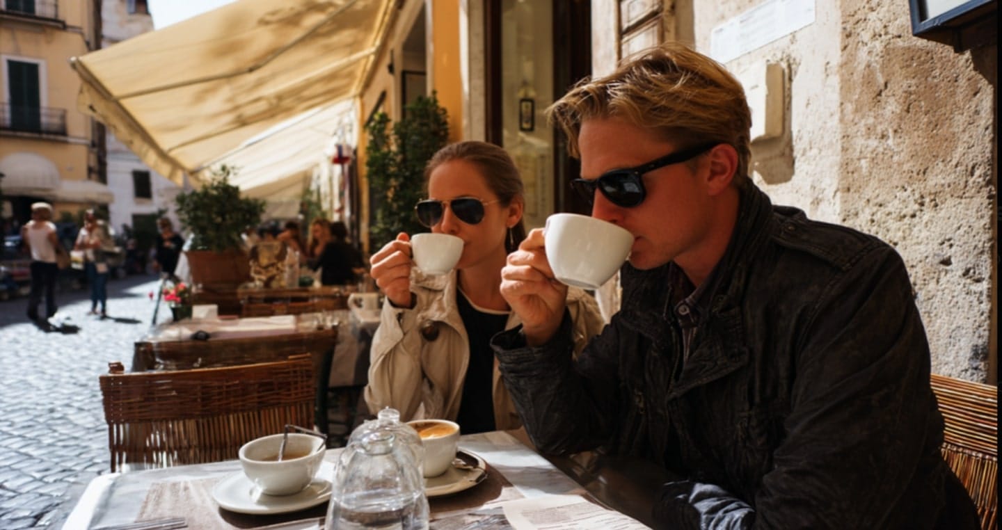 Ludzie pijący kawę w kawiarni na zewnątrz, przy słonecznej, miejskiej uliczce.