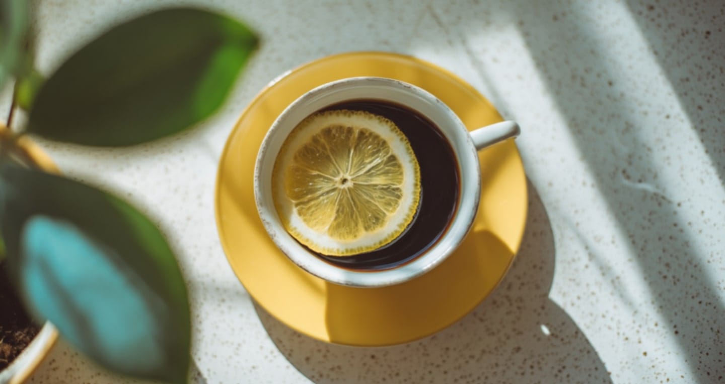 Filiżanka kawy z plasterkiem cytryny na żółtym talerzyku.