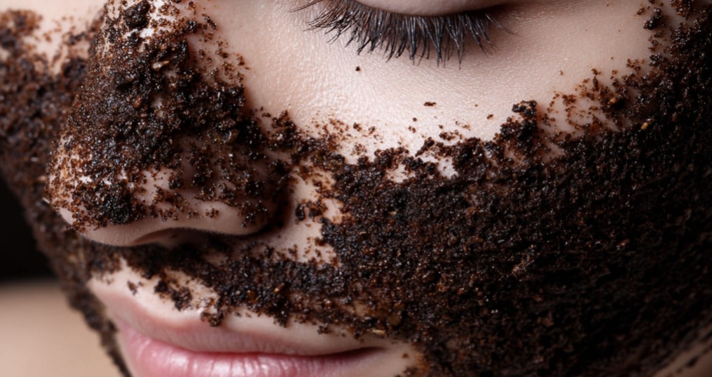 Twarz kobiety pokryta fusami kawowymi, z zamkniętym okiem.