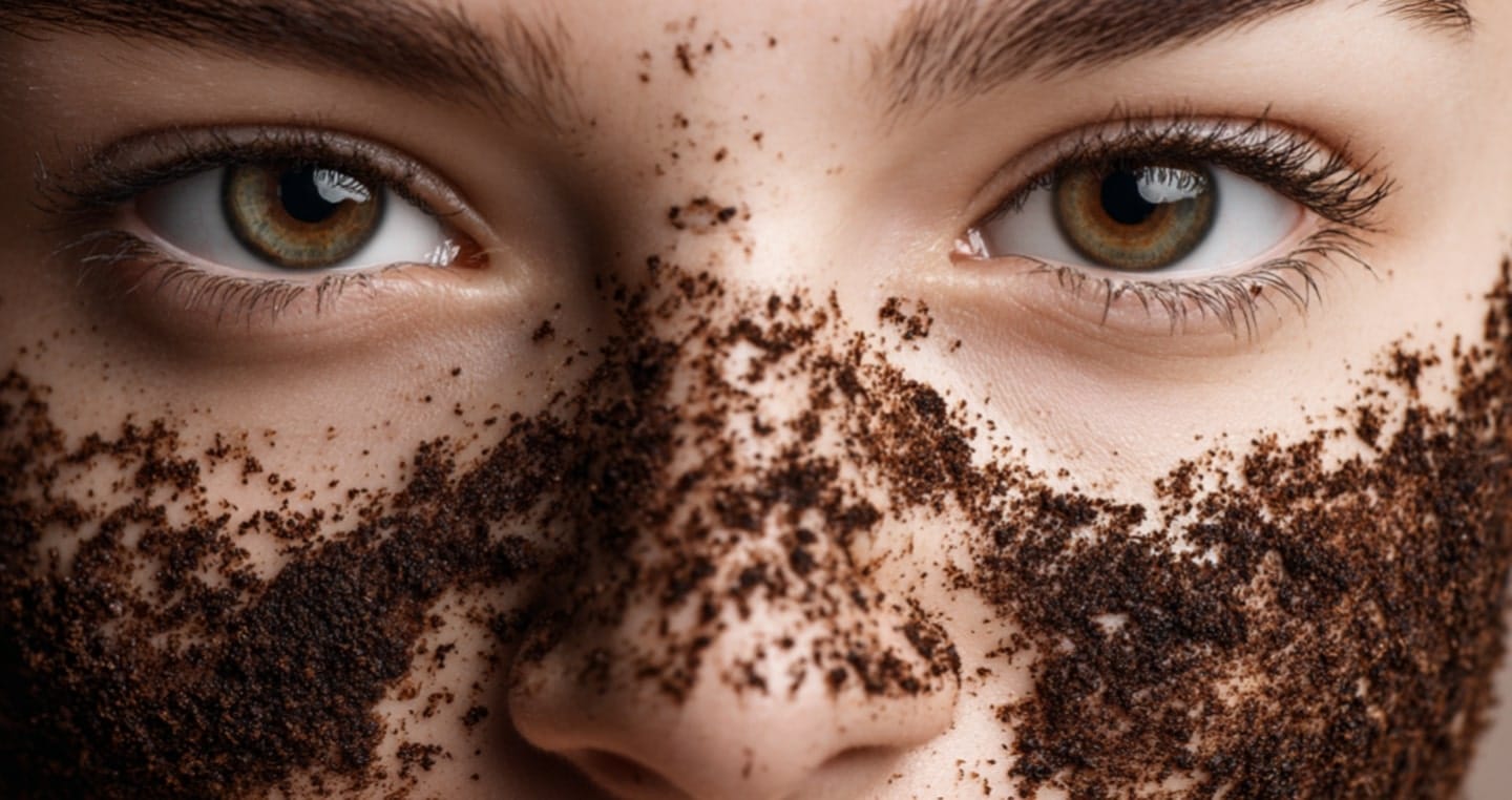 Twarz pokryta fusami kawy, brwi, nos, zamknięte oczy.