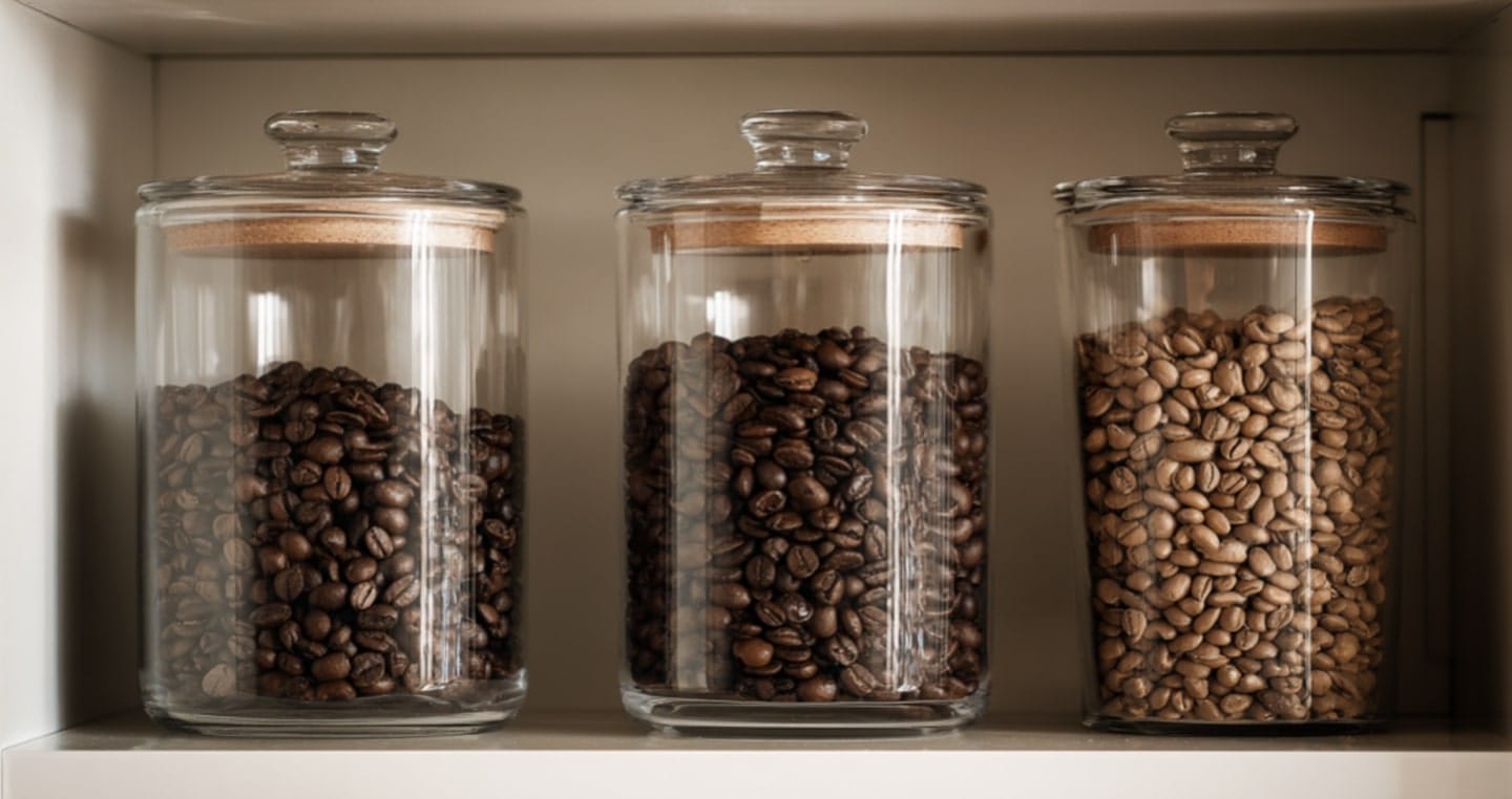 Trzy szklane słoiki z różnymi rodzajami palonych ziaren kawy.