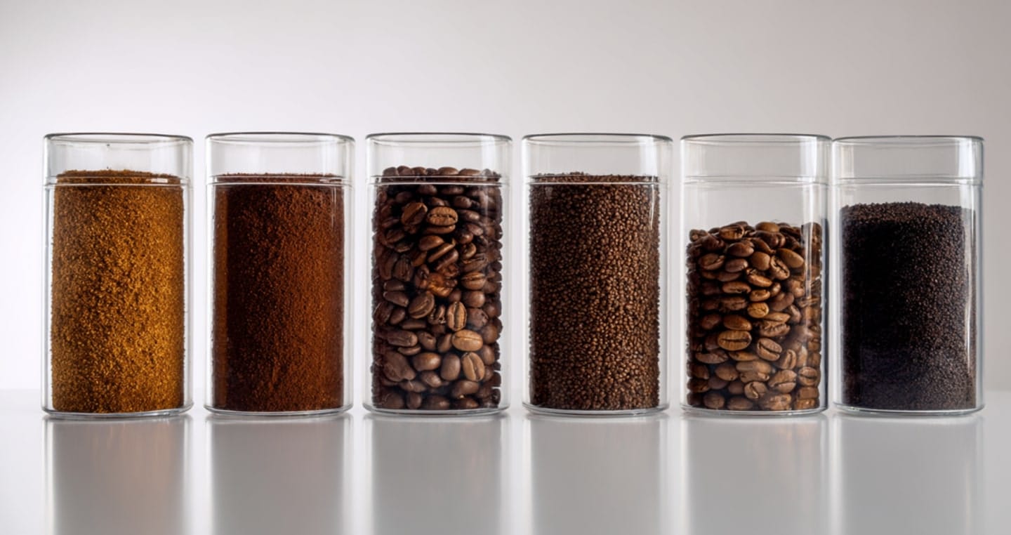 Sześć szklanych pojemników z różnymi rodzajami kawy, mielonej i w ziarnach.