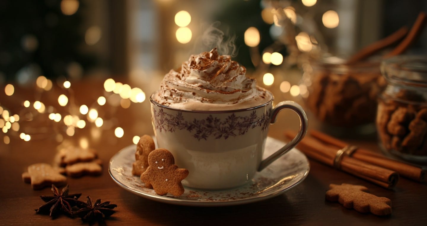 Filiżanka gorącej kawy z bitą śmietaną, pierniczki, cynamon, świąteczne lampki w tle.