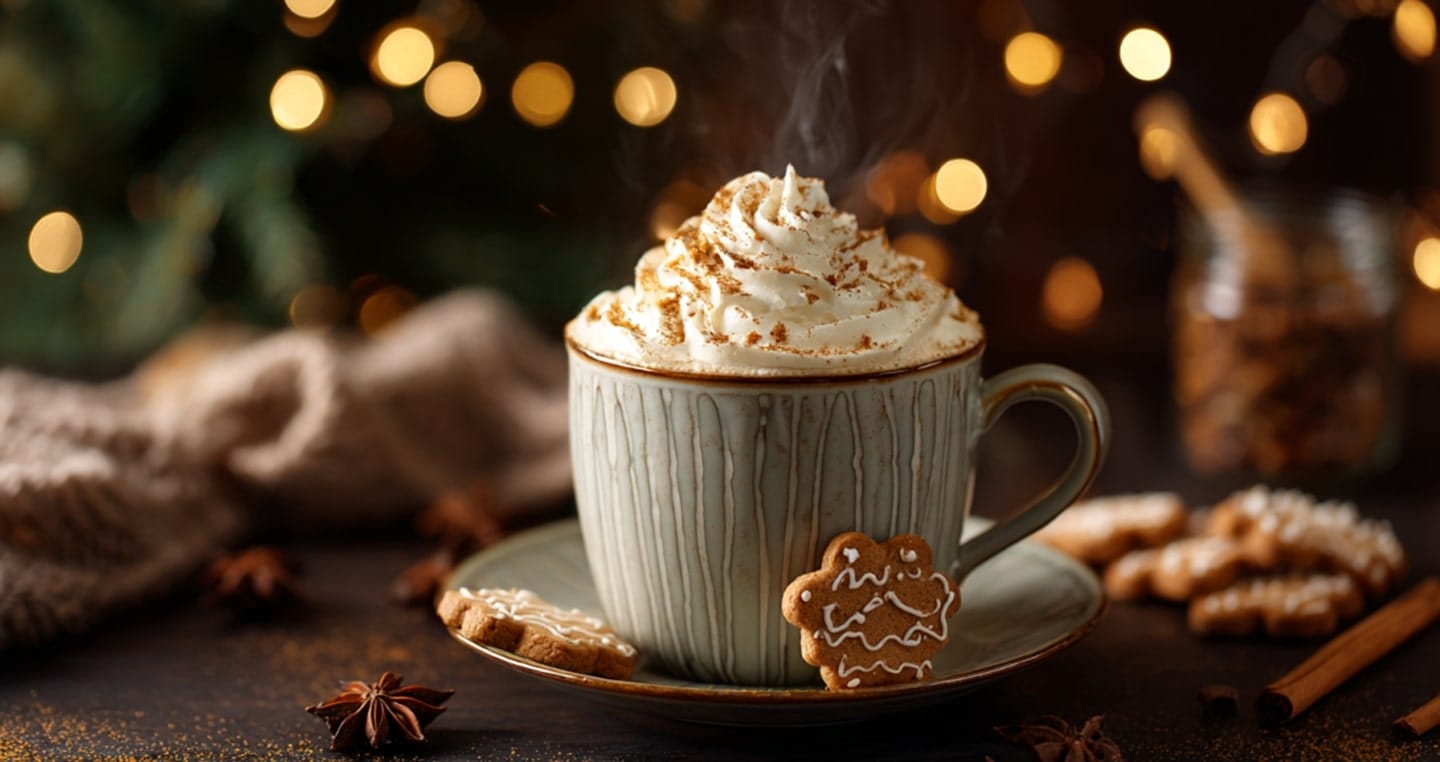 Kubek gorącej czekolady z bitą śmietaną, pierniki i świąteczne dekoracje.