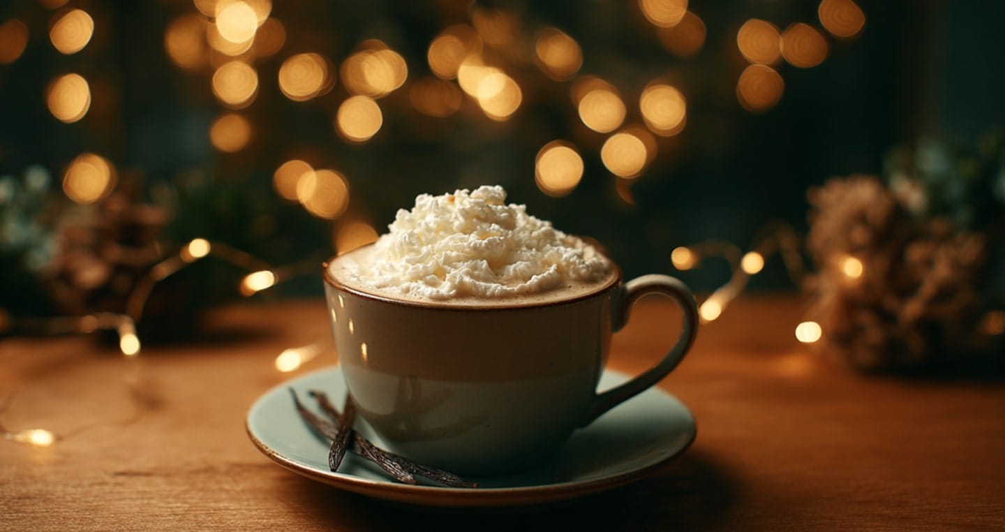 Kubek gorącej kawy z bitą śmietaną, w tle świąteczne lampki.
