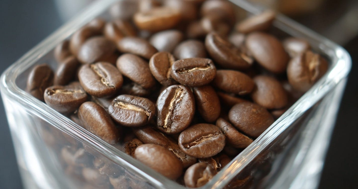Ziarna kawy w szklanym pojemniku, na ciemnym tle.
