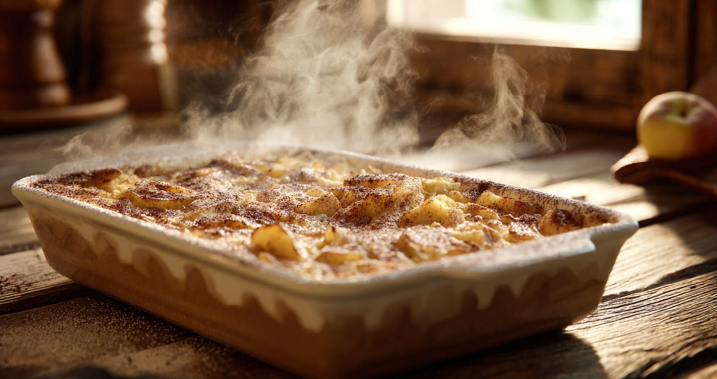 Gorący ryż z jabłkami w ceramicznej formie, na drewnianym stole, z jabłkiem w tle.