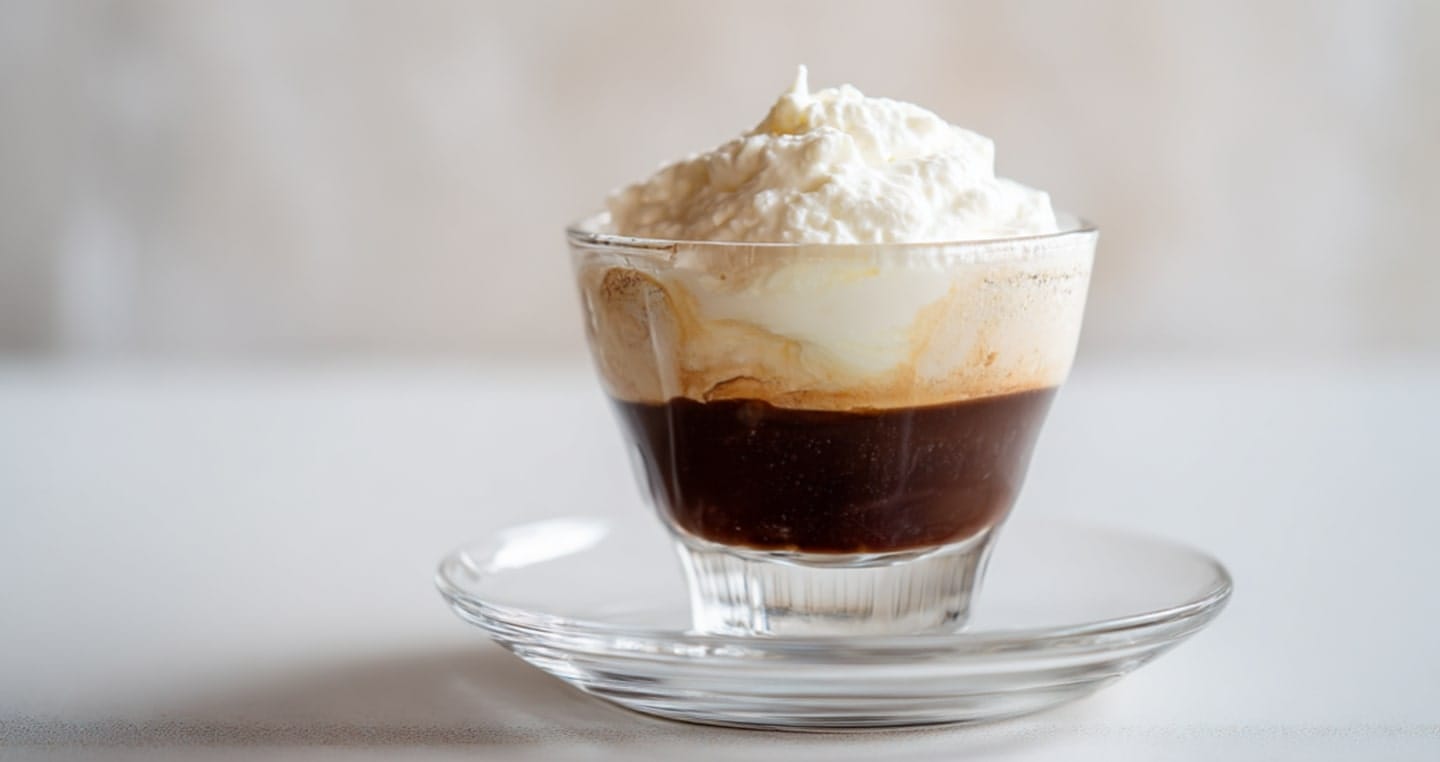 Deser Bicerin w szklance: kawa z bitą śmietaną na talerzyku.