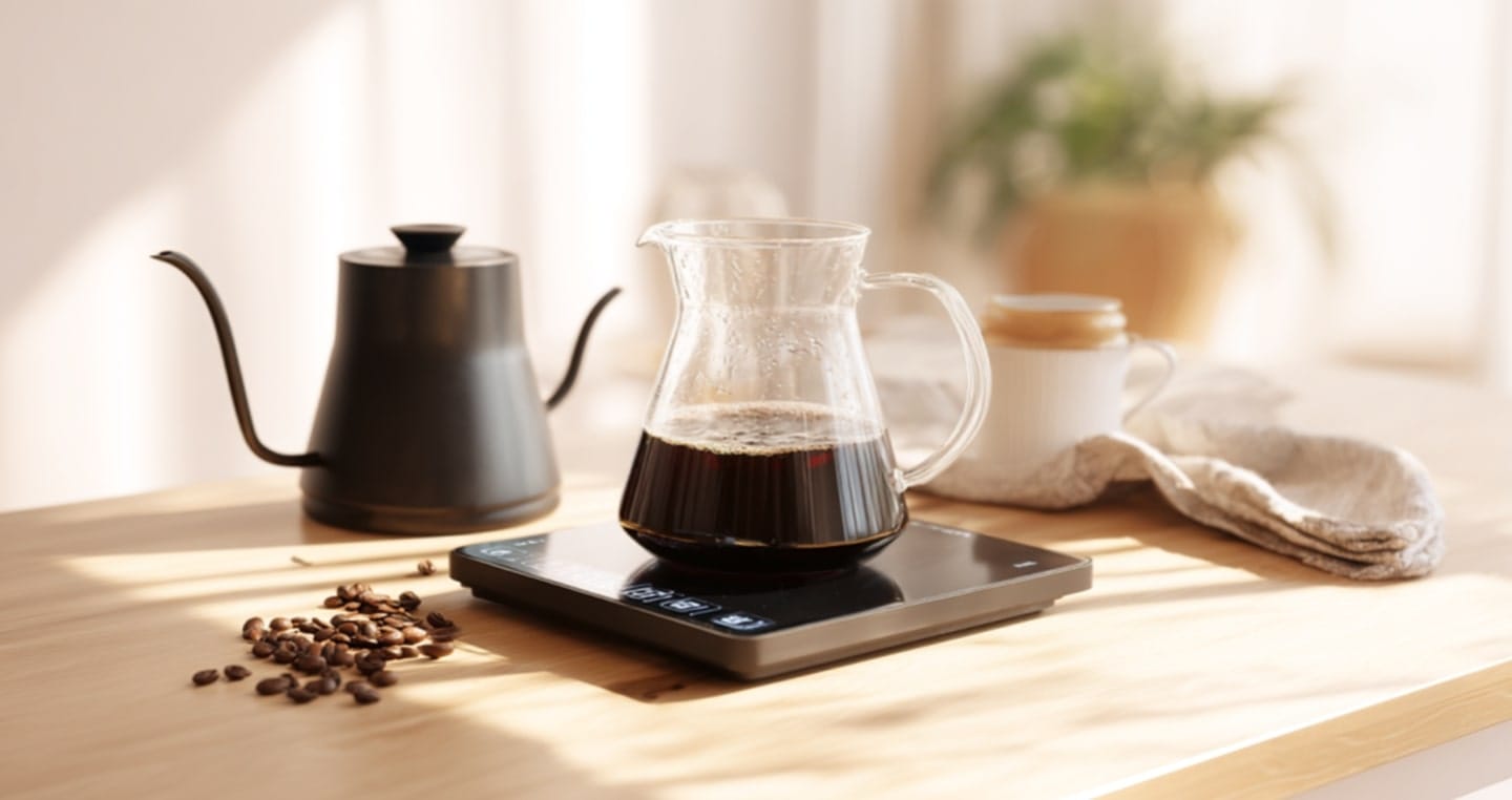 Szklany dzbanek do kawy na wadze, obok imbryk, filiżanka i ziarna kawy.