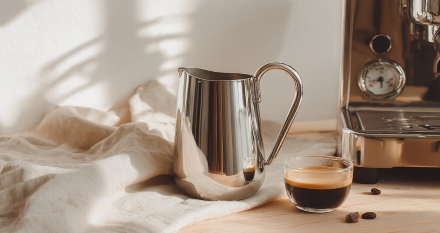 Ekspres do kawy, filiżanka espresso, metalowy dzbanek do spieniania mleka i ziarna kawy na stole.