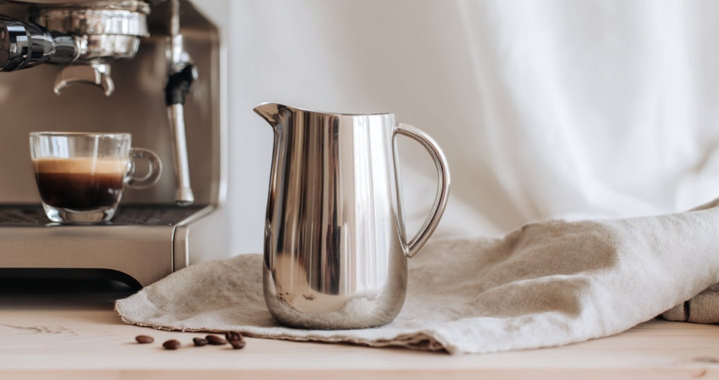 Ekspres kolbowy do kawy, filiżanka espresso, metalowy dzbanek do spieniania mleka i ziarna kawy na stole.