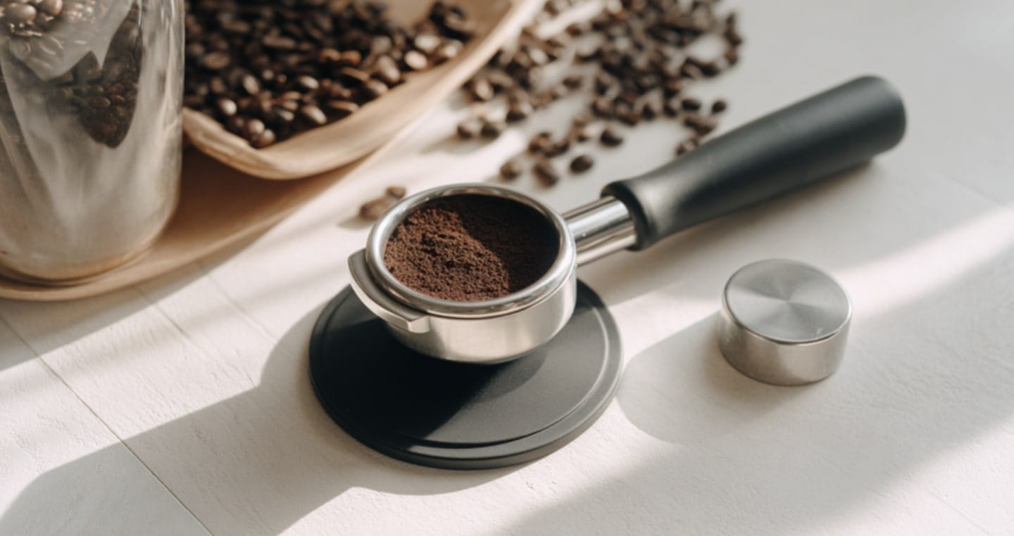 Uchwyt do portafiltra z mieloną kawą bezglutenową obok pojemnika i rozsypanych ziaren.