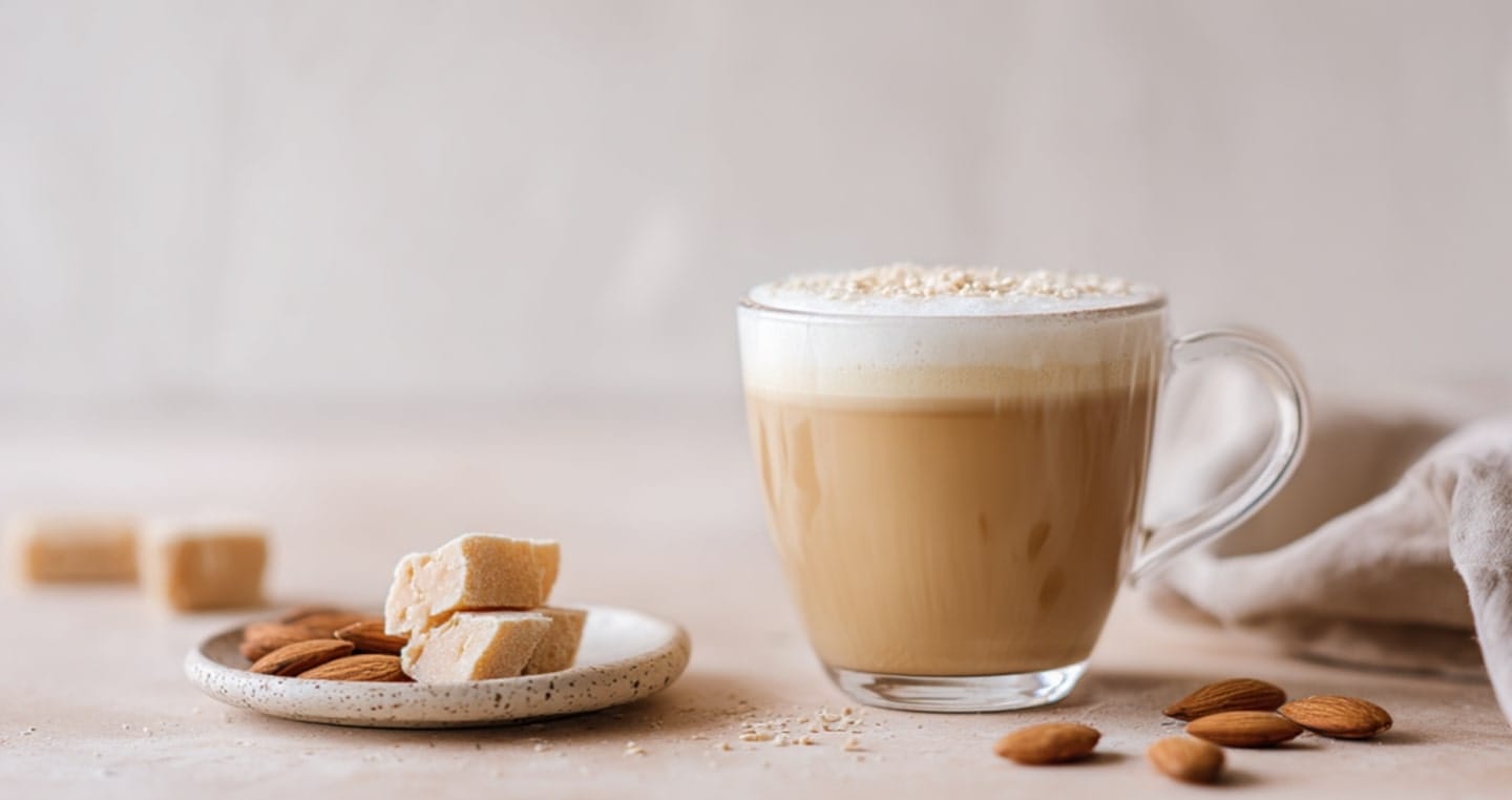 Kawa marcepanowa w szklance z mlekiem, talerz z migdałami i kawałkami chałwy.
