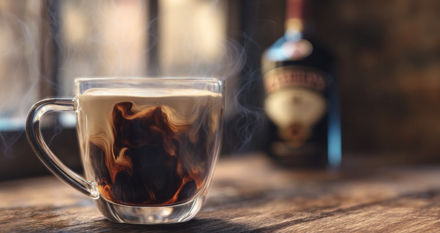 Filiżanka kawy z Baileys na stole, w tle butelka likieru.