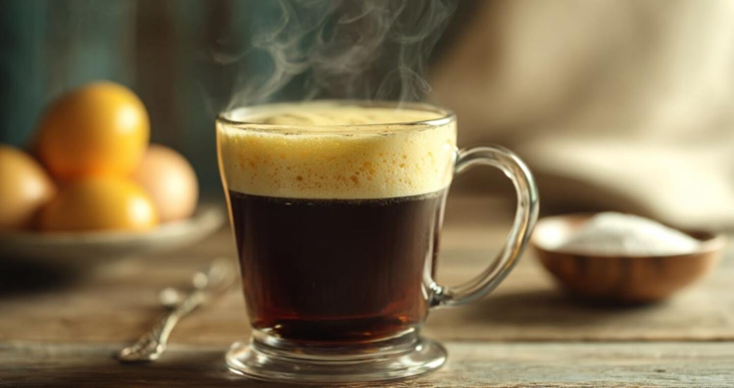 Kubek gorącego napoju z pianką, czyli kawa z jajkiem na drewnianym stole, jajka w tle.