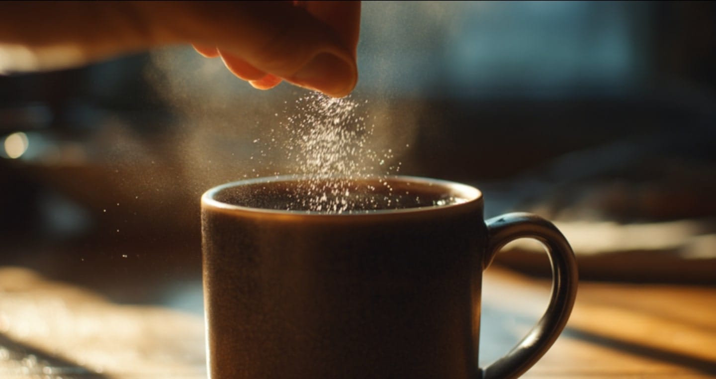 Osoba posypuje sól do parującej filiżanki z kawą na stole.