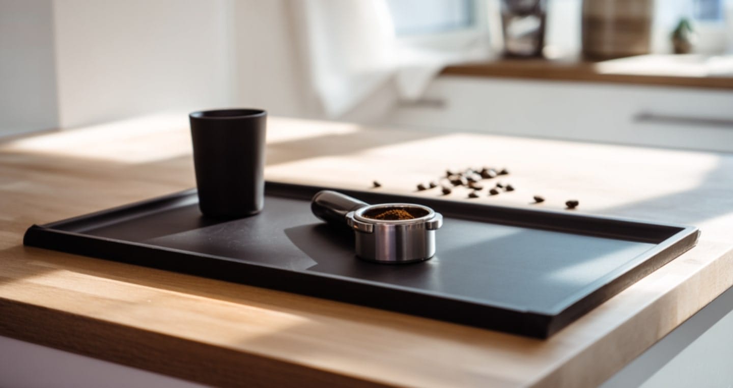 Filiżanka, mata tampingowa, uchwyt portafiltra z mieloną kawą, rozsypane ziarna na blacie kuchennym.