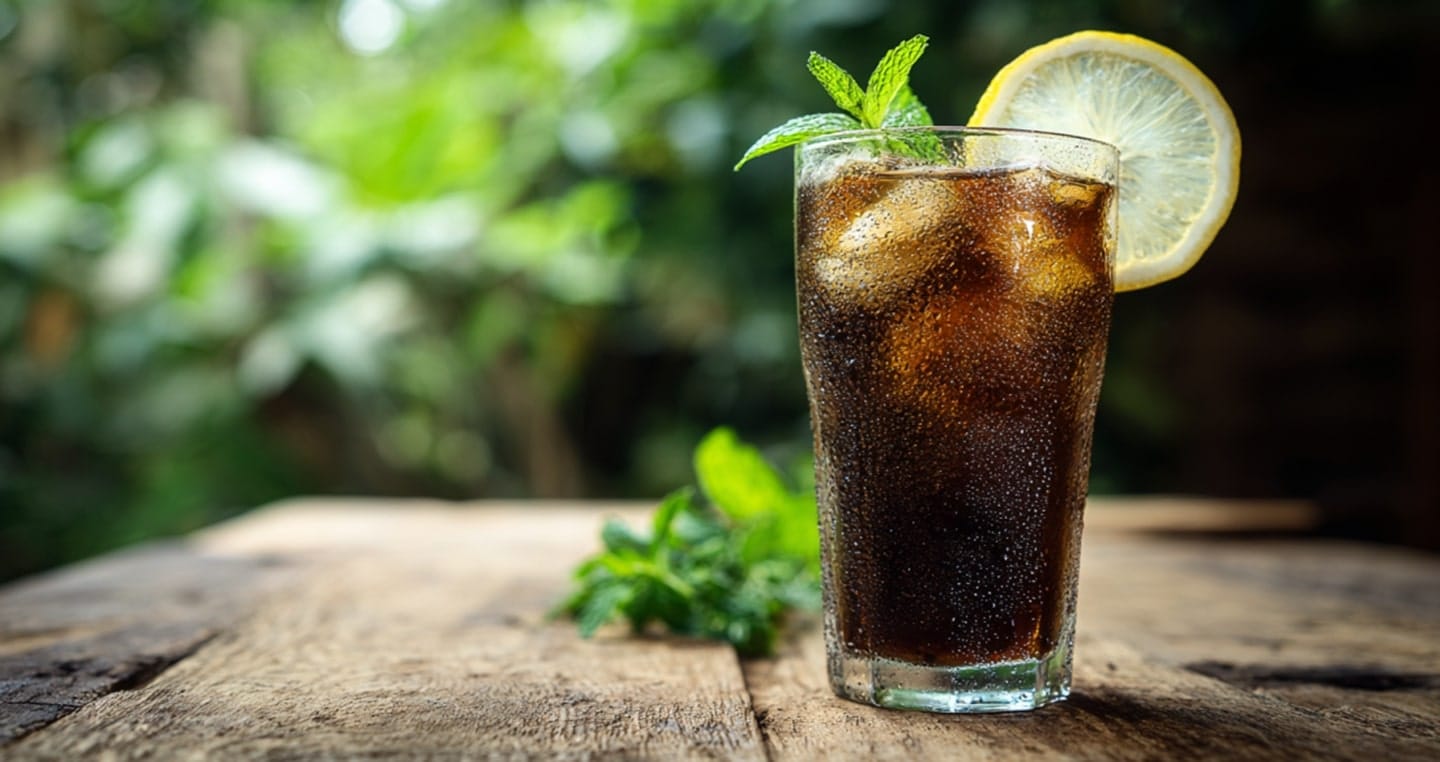 Szklanka zimnego napoju Mazagran z cytryną i miętą na drewnianym stole.