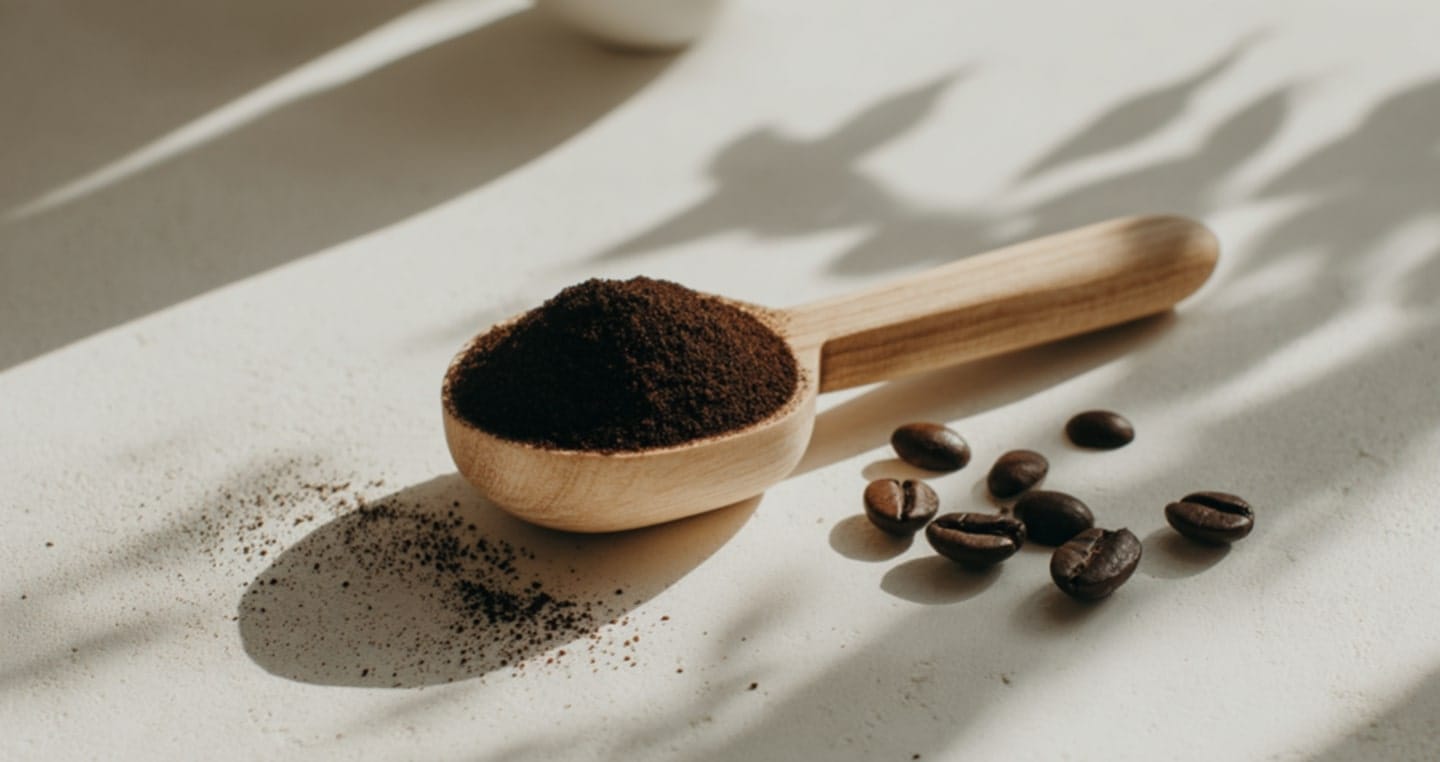 Drewniana miarka do kawy z mieloną kawą, obok kilka ziaren kawy na stole.