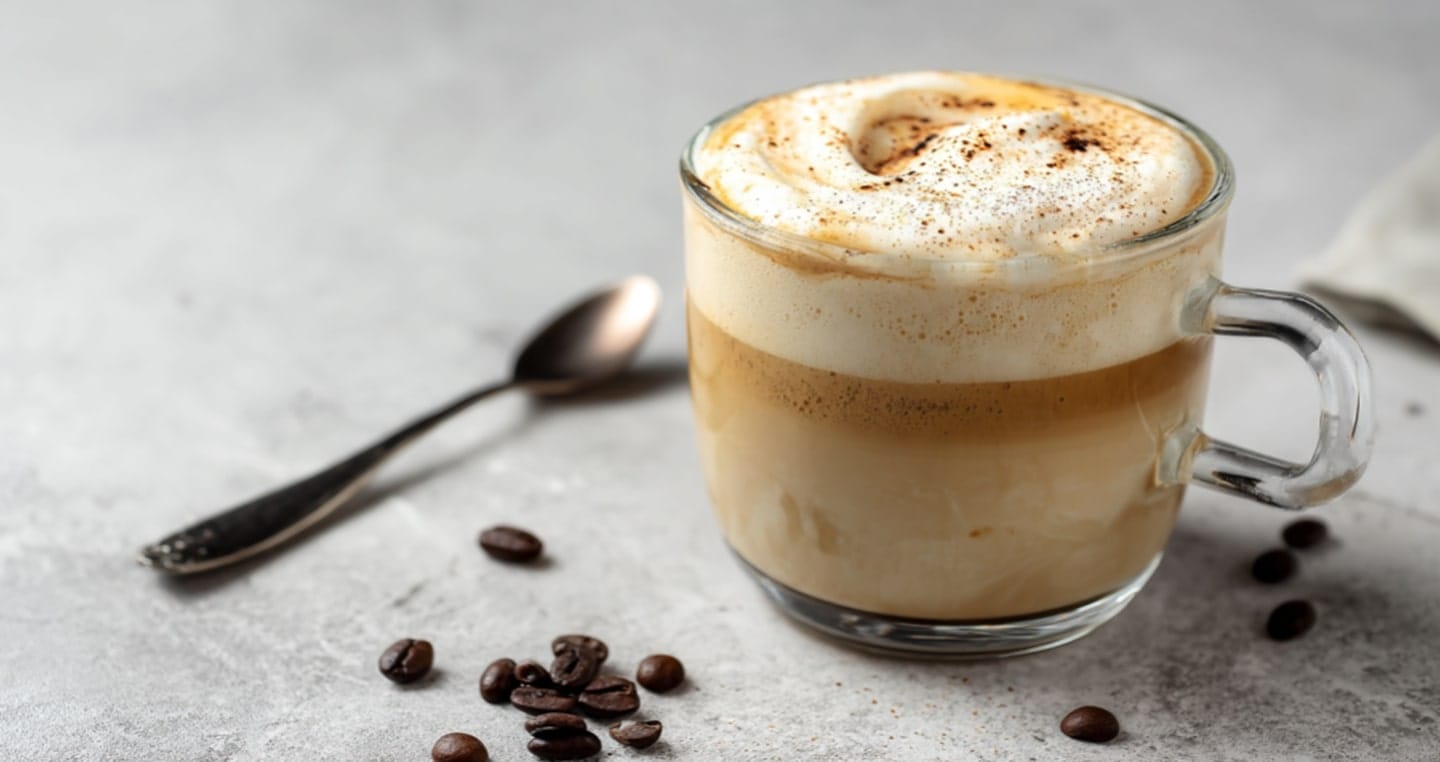 Szklanka raf coffee na blacie, obok łyżeczka i ziarenka kawy.