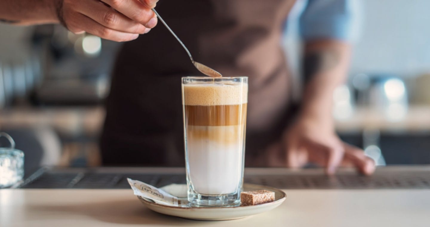 Kawa latte z pianką ubitą przez elektryczny spieniacz do mleka, w tle barista z łyżeczką.