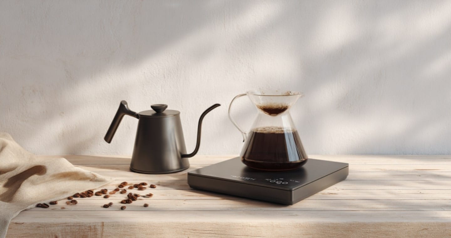 Szklany dzbanek z kawą na wadze, obok imbryk, filiżanka i ziarna kawy.