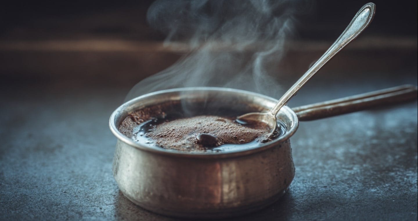 Parząca się kawa w metalowym tygielku z łyżeczką, unosząca się para.