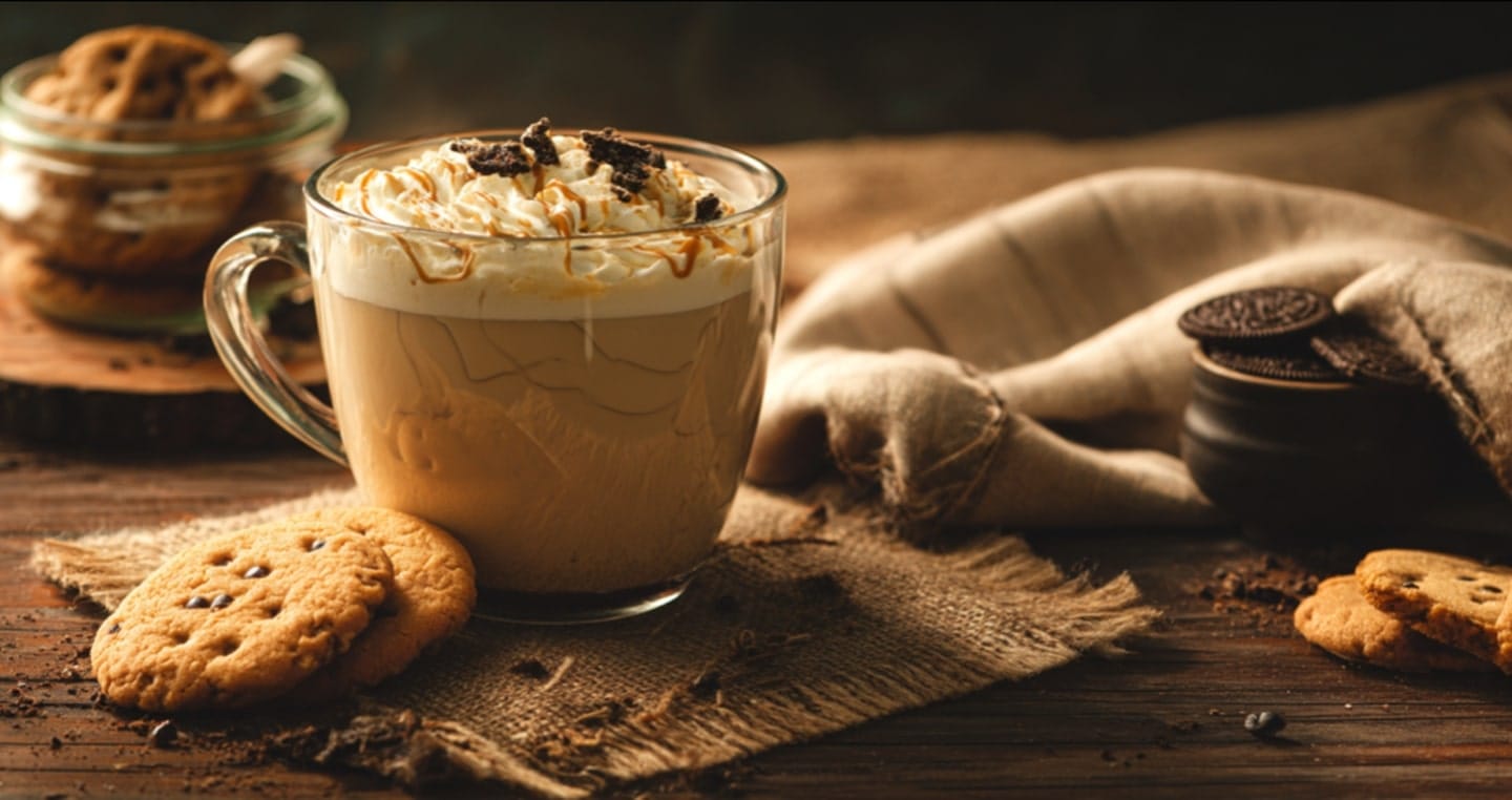 Kubek kawy ciasteczkowej z bitą śmietaną, obok dwa ciasteczka na jutowym materiale.