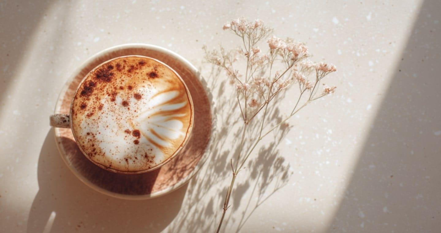 Kawa kokosowa w filiżance na białym stole, obok suszony kwiat.