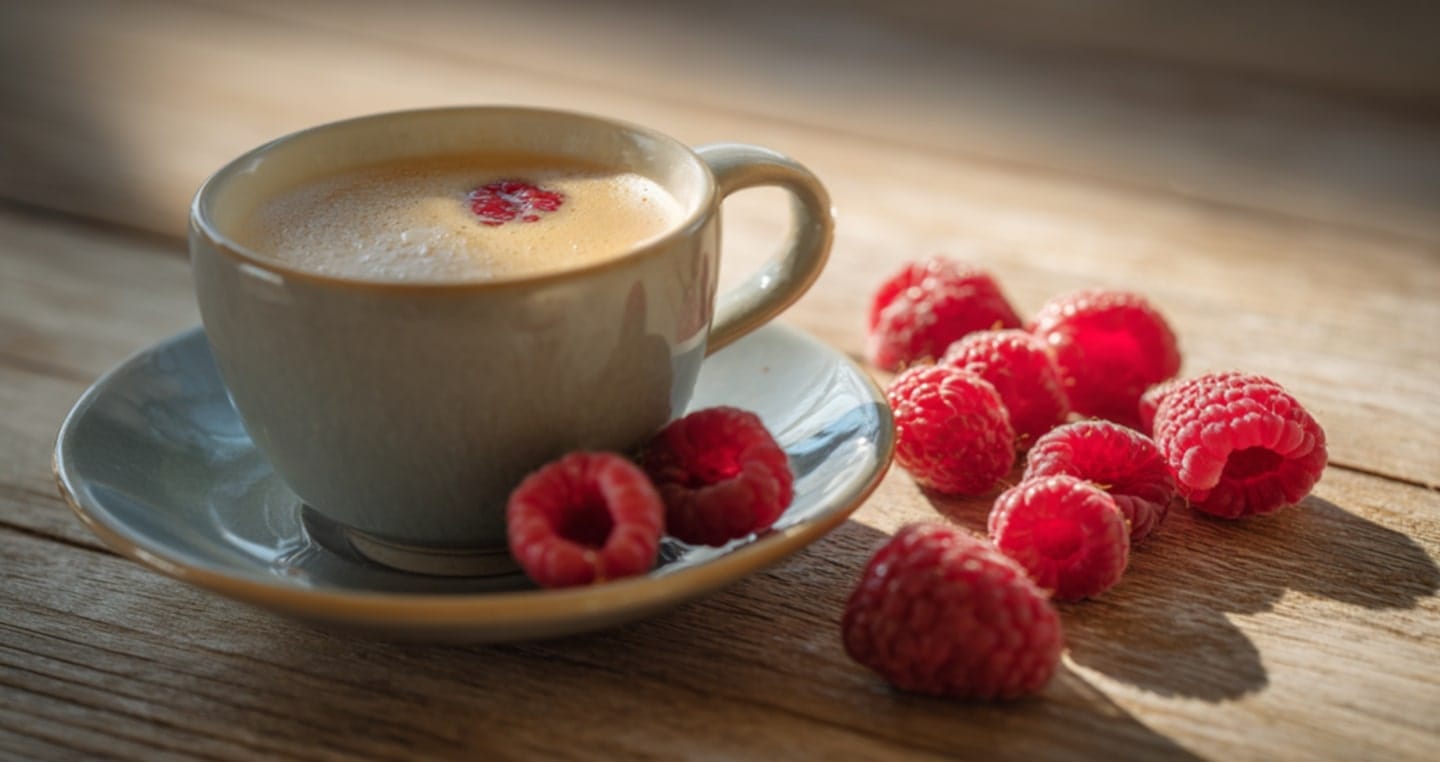 Filiżanka kawy z malinami na piance, obok kilka świeżych malin.